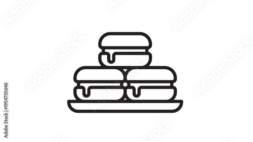 Macarons icon with cream filling stacked on a plate in a minimalist black and white outline style featuring macaron, cookie, cookies with dessert and