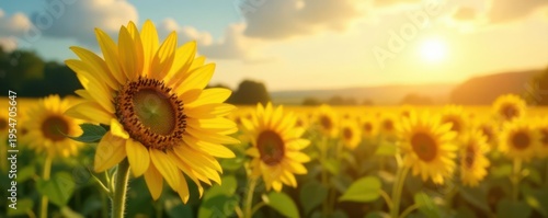 Vibrant sunflowers bask in summer sun, golden field , peaceful, sunflowers