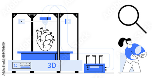 Biomedical research, healthcare innovation, organ production, future technology, medical education, and anatomy exploration. A 3D printer creating a heart, magnified elements in view. Biomedical