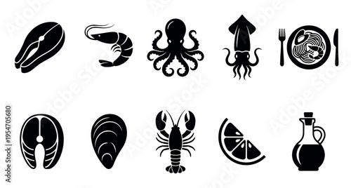 A set of black silhouette icons representing various seafood items, food preparation, and dining on a white background, ideal for culinary or restaurant themes.