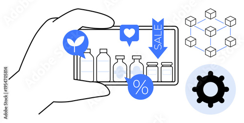 E-commerce concept. E-commerce with a mobile phone showing products, discount icons, and integration tools. E-commerce s online shopping trends and digital connectivity. Perfect for retail, online