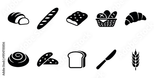 A collection of simple black icons representing various bakery items including different types of bread, a croissant, a basket of bread, and a wheat stalk.