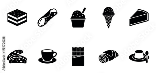 A collection of black and white vector icons depicting various popular desserts and treats, including cake, ice cream, and chocolate, ideal for culinary themes.