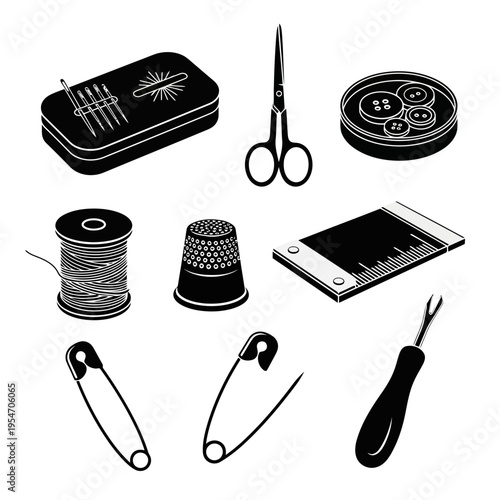 Vector illustration set of sewing tools and equipment icons featuring metal scissors and design objects in a cartoon style