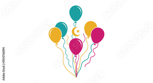 Colorful balloons with a crescent moon and star creating a festive and cheerful silhouette high quality