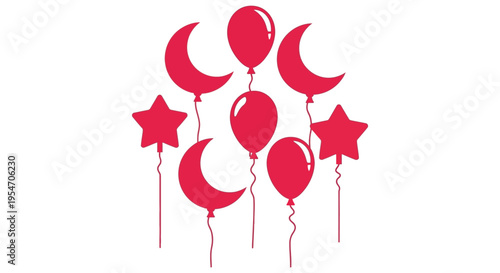 A vibrant collection of red balloons and celestial shapes in a striking silhouette high quality professional