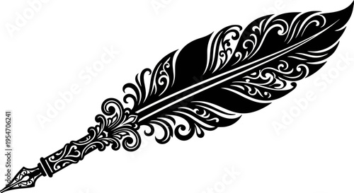 Vintage Ornate Quill Pen Silhouette with Victorian Scrollwork Decorative Design