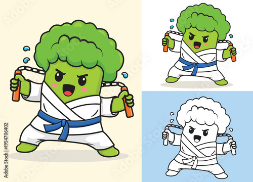 Vector illustration of Cute cartoon Broccoli Karate. Happy cartoon vegetable character in flat style. Vegetable sport mascot, showing healthy lifestyle, fitness, wellnes, kids illustration.