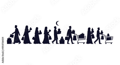 A line of shoppers with gifts and carts against a crescent moon a striking silhouette