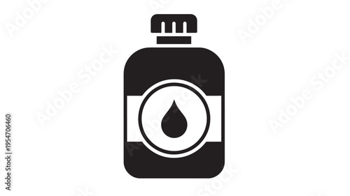 Bottle icon with a liquid drop symbol and screw cap on white background for medical or scientific use