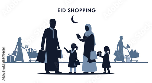 Eid shopping scene depicting a family with gifts and a mosque in the background silhouette