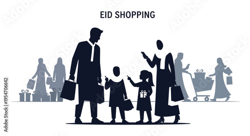 A family enjoys eid shopping illustrated with a dark striking silhouette high quality professional detailed modern