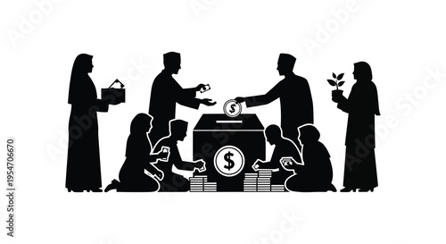 A group of people interacting with money and a donation box depicted in black silhouette