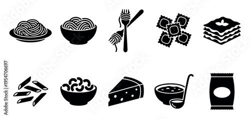 A collection of minimalist black icons representing various Italian pasta dishes, ingredients, and related food items on a white background.