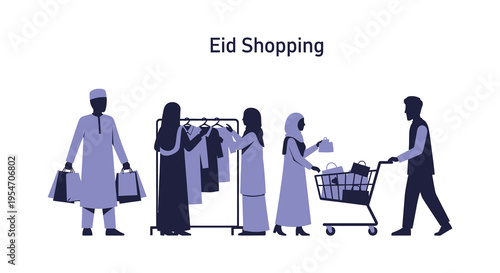 A family enjoys eid shopping browsing clothes and carrying bags in a stylish silhouette high quality