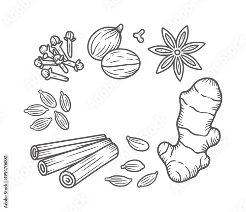 Black and white line of assorted spices arranged in a circular pattern ginger cinnamon