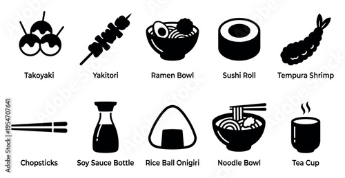 A collection of simple, flat black icons representing popular Japanese dishes and dining elements on a clean white background.