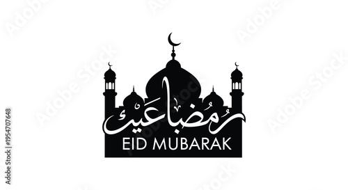 A striking black silhouette of a mosque with a crescent moon and ramadan greetings silhouette