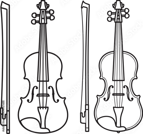 Violin and bow set, presented in line art style with front and side views, symbolizing classical music, performance, and instruments, Musical Instrument