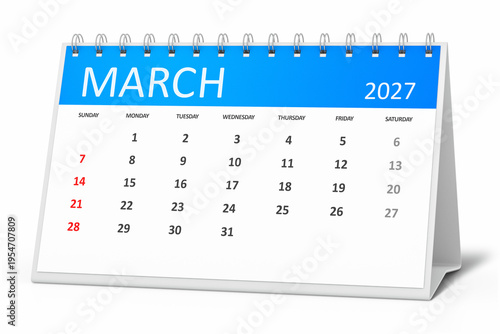 table calendar 2027 march isolated on transparent background