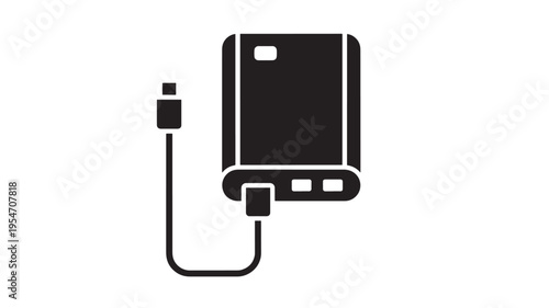 Power bank icon with USB cable connected for charging devices and portable power solutions featuring battery, charger, connectivity with electronics