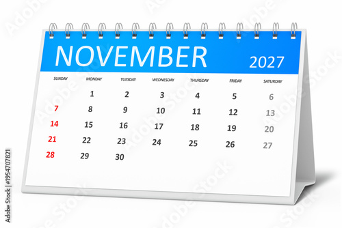 table calendar 2027 november isolated on transparent background