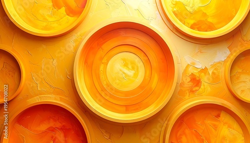 Close-up of abstract, vibrant, layered circles in various shades of yellow, orange, and gold, against a textured background