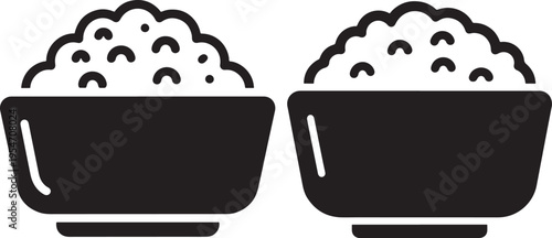 Two black silhouette bowls overflowing with rice, symbolizing Asian cuisine, staple food, and nutrition, White Background