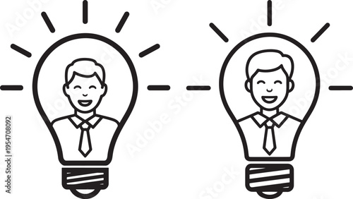 Two smiling businessmen inside lightbulbs, representing bright ideas, innovation, and successful thinking, Black And White