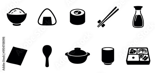 Collection of simple black and white icons representing traditional Japanese food items and tableware for culinary concepts.