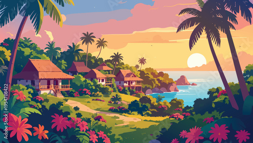 Tropical Sunset Bliss: A serene vista unfolds as the sun dips below the horizon, painting the sky with vibrant hues, while palm trees sway gently in the warm breeze.