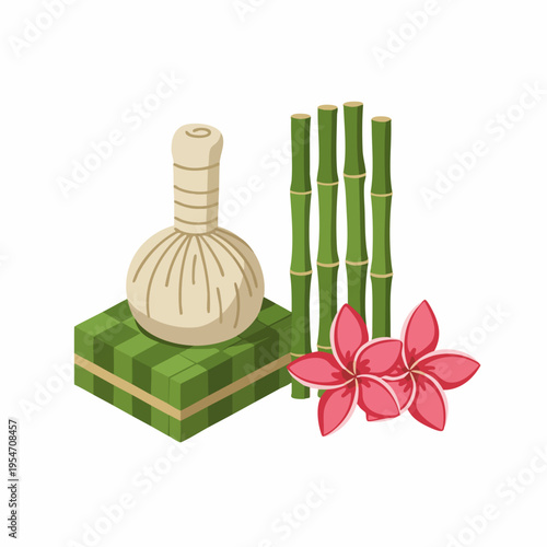 Handdrawn Spa Still Life with Herbal Compress, Bamboo, and Plumeria Flowers