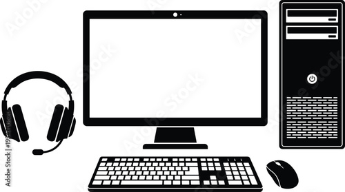Flat vector illustration of desktop computer workstation with monitor, webcam, CPU tower, keyboard, mouse, headset, microphone, office setup