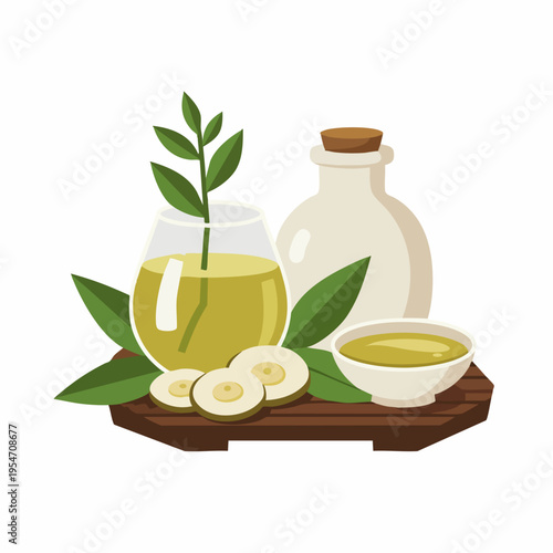 Flat Illustration Essential Oil Bottle, Plant and Sliced Root for Spa Treatment