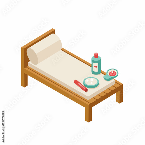 Isometric Modern Spa Bed with Accessories Illustration Graphic Asset