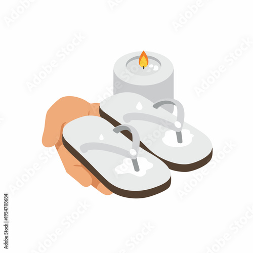 Isometric Spa Element: Relaxing Hand Holding Flip Flops and Candle Illustration