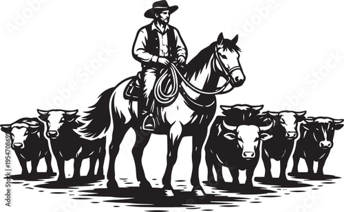 Western Cowboy Riding Horse with Cattle Vintage Engraving Vector Illustration