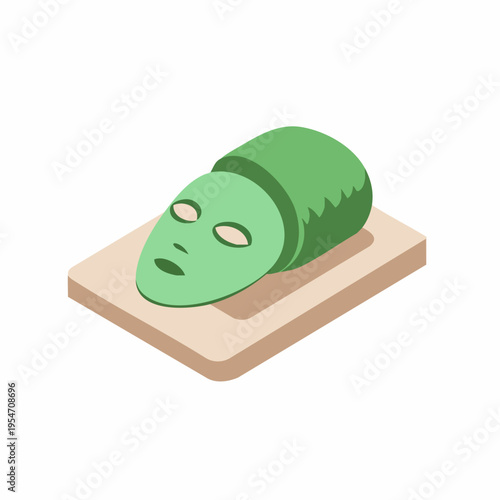 Isometric Detailed Cucumber Facial Mask on Wooden Board, Beauty Treatment