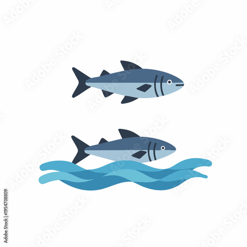 Flat Illustration of Two Blue Tuna Fish Swimming with Waves