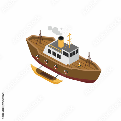 Isometric Detailed Fishing Boat Watercraft with Canoe Illustration Design Element