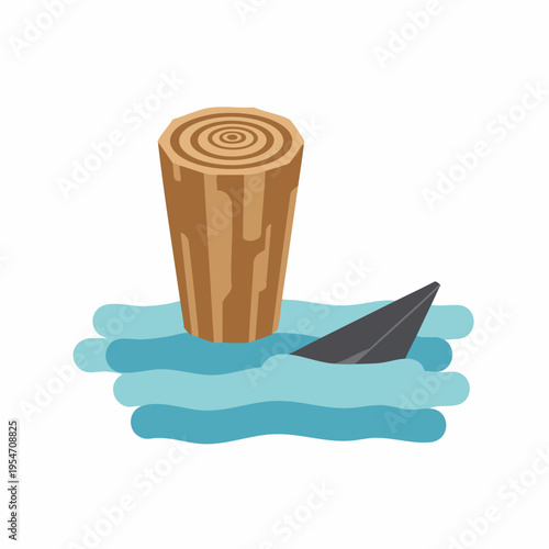 Cartoon Flat Stump Surrounded with Ocean Water and Shark Fin Illustration