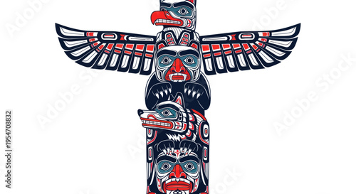 Colorful Totem Pole with Indigenous Animal Carvings on White Background