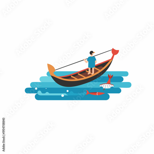 Flat Style Gondola Boat and Fisherman in Venice Canal Illustration