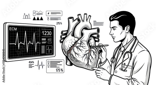 Doctor examining human heart with digital medical data and ECG monitor