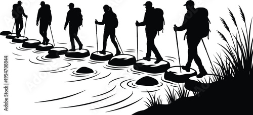 Flat vector illustration of hikers crossing river stones with backpacks, trekking poles, teamwork, outdoor adventure, nature landscape, black silhouette