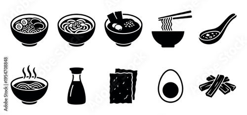A collection of black and white minimalist icons representing various elements of ramen dishes, including bowls, noodles, chopsticks, and ingredients.