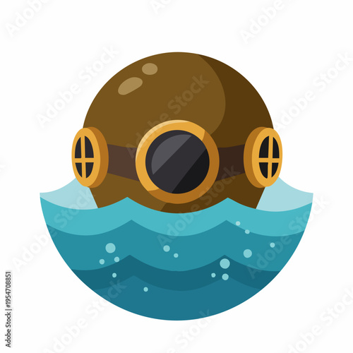 Flat Style Underwater Old Diving Helmet with Water Wave Illustration