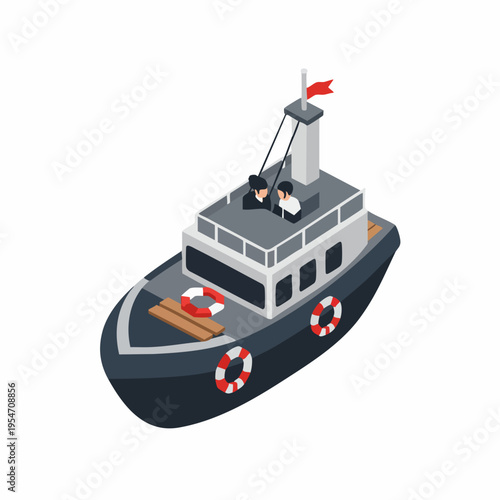 Isometric Detailed Tugboat Vessel with Small Figures Transportation Illustration