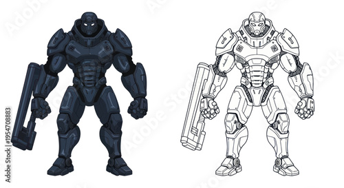 Futuristic Warrior Robot, Sci-Fi Armor, Heavy Weapon, Concept Art, Black and White Sketch