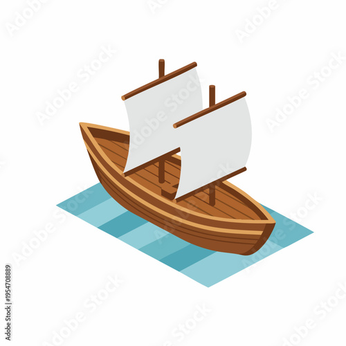 Isometric Wooden Detailed Small Sailing Boat on Water Transportation Icon